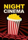 Night cinema poster with a large popcorn bucket