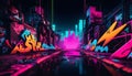 Night city with abstract graffiti elements