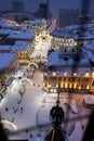 Night city, aerial view, Kazan. Snowy winter city. New Year street decorations Royalty Free Stock Photo