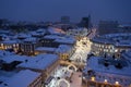 Night city, aerial view, Kazan. Snowy winter city. New Year street decorations