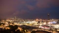 Night in the city of Barcelona in Catalonia, Spain. Columbus Monument and boulevard along Port Vell