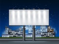 Night city billboard. Realistic blank illuminated advertising board. Roadside street banner. Horizontal lighted screen Royalty Free Stock Photo