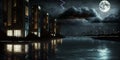 night city ,blue sea starry sky and moon light lightrning on dramatic cloudy stormy sky , modern buildings on horizon