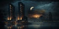 night city ,blue sea starry sky and moon light lightrning on dramatic cloudy stormy sky , modern buildings on horizon