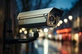 Night city blurred backdrop complements CCTV camera in focus Royalty Free Stock Photo