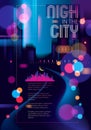 Night city with blurred lights bokeh texture vector illustration. Blur colorful dark background with cityscape, buildings Royalty Free Stock Photo