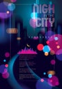 Night city with blurred lights bokeh texture vector illustration. Blur colorful dark background with cityscape, buildings Royalty Free Stock Photo