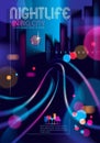 Night city with blurred lights bokeh texture vector illustration. Blur colorful dark background with cityscape, buildings Royalty Free Stock Photo