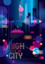 Night city with blurred lights bokeh texture vector illustration. Blur colorful dark background with cityscape, buildings Royalty Free Stock Photo