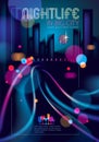 Night city with blurred lights bokeh texture vector illustration. Blur colorful dark background with cityscape, buildings Royalty Free Stock Photo