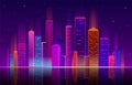 Night city. Building with neon light, future skyline with skyscrapers. Urban abstract landscape, downtown panorama Royalty Free Stock Photo