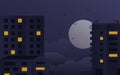 Night city buildings. Cartoon cityscape modern architecture full moon birds, minimal geometric landscape. Vector Royalty Free Stock Photo