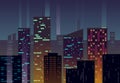 Night city, buildings with glowing windows at dusk vector urban background