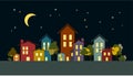 Night city houses with trees, moon and stars