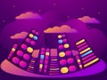 Night city with clouds and stars. Summer cityscape with colorful gradient. Vector