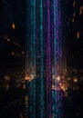 Night City Data Stream: Glowing Blue and Purple Pixels Royalty Free Stock Photo