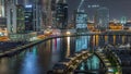 Night city Dubai near canal aerial timelapse Royalty Free Stock Photo