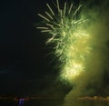 Night city green fireworks above river new year Royalty Free Stock Photo