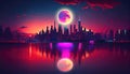 Night city with full moon and reflection in water, ai generation Royalty Free Stock Photo
