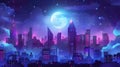 A night city with a full moon in a starry sky. A modern cartoon illustration of skyscrapers shining with neon windows, a