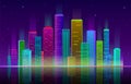 Night city. Futuristic cityscape with bright and glowing neon purple and blue lights, skyscrapers panorama vector Royalty Free Stock Photo