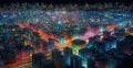 Night city glows under high-tech color grids, symbolizing neural, AI-based connectivity