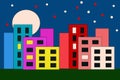 Night city, a group of apartment buildings. Colorful city houses. Illustration of a vintage city at night. Bright moon and stars o Royalty Free Stock Photo