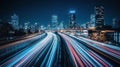 Night city highway light trails, cityscape background, transportation Royalty Free Stock Photo