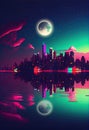 Night city landscape with full moon and reflection in water, ai generation Royalty Free Stock Photo
