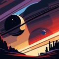 Night city landscape with full moon and stars. Vector illustration in flat style AI generated Royalty Free Stock Photo