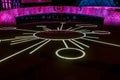 Night city landscape planetarium Tereshkova with multi-colored lighting and futuristic design