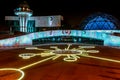 Night city landscape planetarium Tereshkova with multi-colored lighting and futuristic design