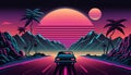 Night city landscape, sunset colors, scifi, retrowave vintage illustration. Royalty Free Stock Photo