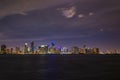 Night city life. Miami city skyline panorama at dusk with urban skyscrapers over sea with reflection. Royalty Free Stock Photo