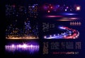 Night city lights set with flashing windows of high buildings motorway car headlights and river bridges vector Royalty Free Stock Photo