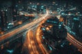 Night city with lights and traffic on the road,3d rendering generative ai Royalty Free Stock Photo