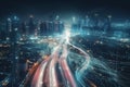 Night city with lights and traffic on the road,3d rendering generative ai Royalty Free Stock Photo