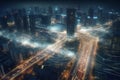 Night city with lights and traffic on the road,3d rendering generative ai Royalty Free Stock Photo