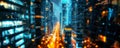 Night city lights, view of a modern futuristic cityscape. Defocused image of an urban street. Traffic lights, tall buildings Royalty Free Stock Photo