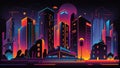 Night city many building illustration with neon glow and vivid colors Royalty Free Stock Photo