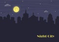 Night city and moon. Dark urban scape in moonlight. Night cityscape in flat style with place for text, abstract background. Vector Royalty Free Stock Photo