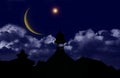 Night city . Mosque silhouette against the background of clouds