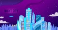 Night city neon banner vector illustration with glow and vivid lights. Modern cityscape on dark background with glowing Royalty Free Stock Photo