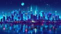 Night city with neon illumination. Cityscape with glowing lights under full moon and stars. Modern megapolis buildings Royalty Free Stock Photo