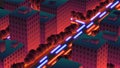 Night city with neon lights and light traces of the cars. Synthwave styled neon downtown background with aerial view.