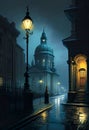 Night city with old buildings and narrow streets. AI Generated