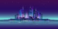 Night city panorama with moon and neon glow. Vector illustration. Royalty Free Stock Photo