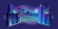 Night city panorama with moon and neon glow. Vector illustration. Royalty Free Stock Photo