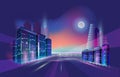 Night city panorama with moon and neon glow. Vector illustration.