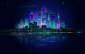 Night city panorama with neon glow on blue background. Vector. Royalty Free Stock Photo